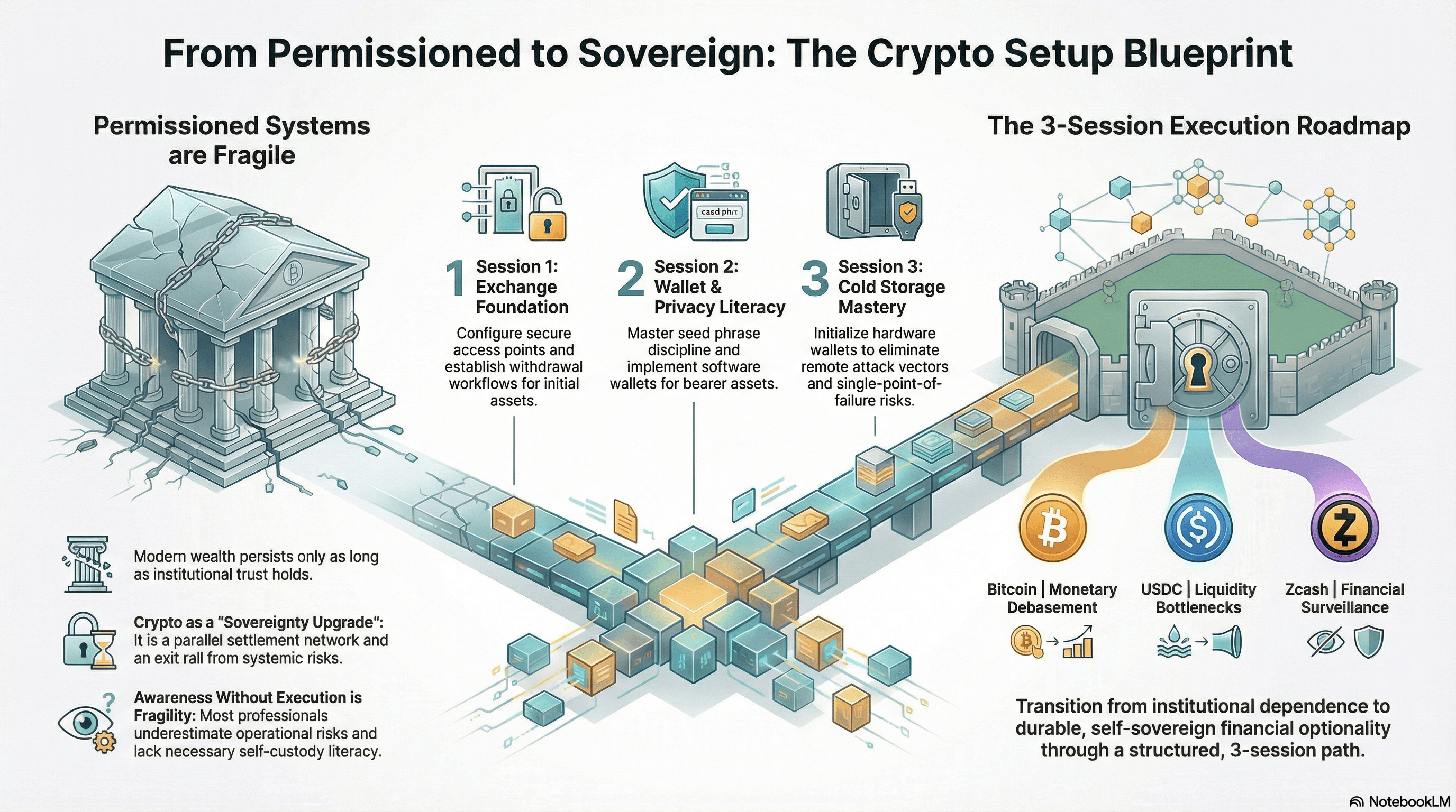 From Permissioned to Sovereign: The Crypto Setup Blueprint — a visual overview of the 3-session execution roadmap